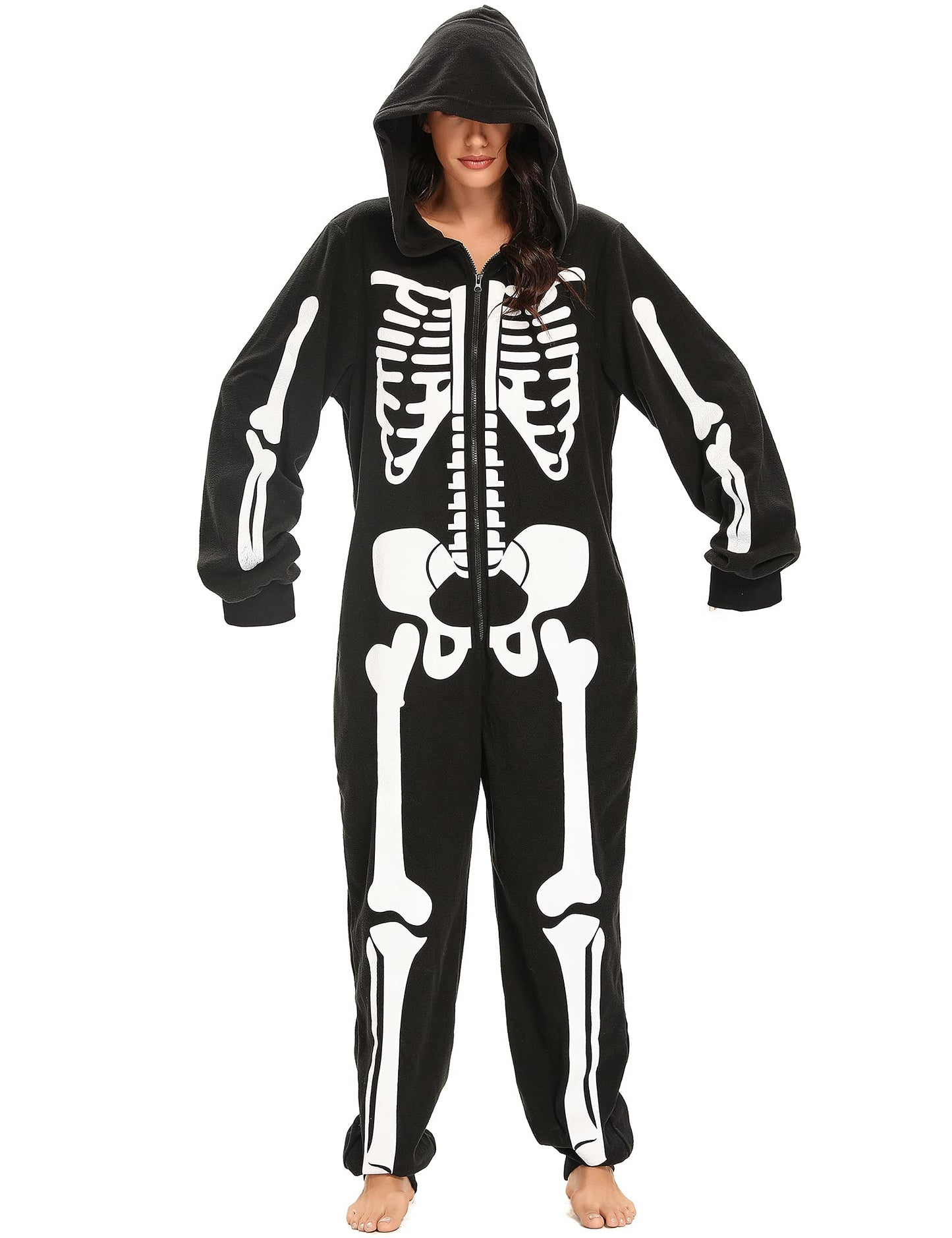 Padama Adult Halloween Skeleton Costume - Unisex Skeleton Plush Pajamas Onesie, Cozy Halloween Adult One Piece Skeleton Cosplay Costumes for Women M