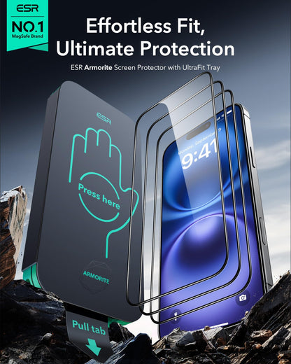 ESR 3 Pack 9H+ Glass for iPhone 16 Pro Max Screen Protector, [Military Grade Shatterproof & Longest Durable] Armorite Ultra-Tough Tempered Glass with UltraFit Tray