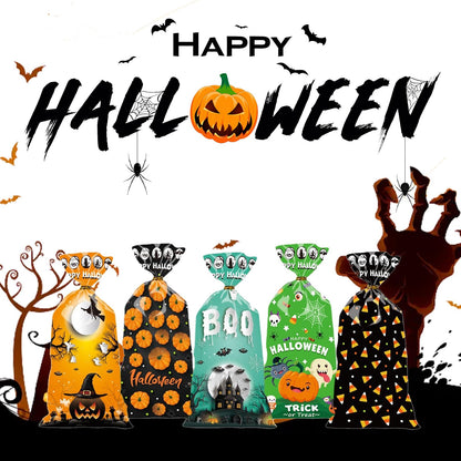Halloween Treat Bags | 50 pcs (4.9” x 10.8” Inch) | Cellophane Candy Bags with Fun Scary Designs | Pumpkins, Witches Cello Bags | Halloween Party Decorations, Spooky Treat Bags
