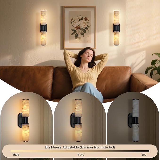 22.2" Alabaster Wall Sconce, Brass Bathroom Wall Sconce, Spanish Natural Marble Sconces Modern Wall Lights Lamps for Bedroom Living Room Stairs Indoor Hallway Vanity, Black
