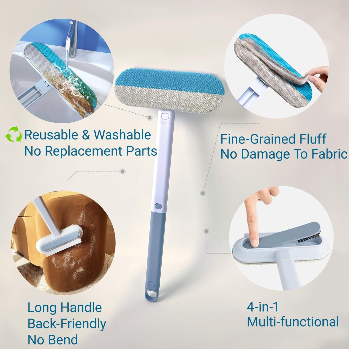 FeiFanYiGou Pet Hair Remover, 4 in1 Cat and Dog Hair Removal for Couch with Extra Long Handle, 17-Inch, Cat Fur Removal Tool for Furniture, Carpet, Clothes, Bedding, Tile, Hardwood Floor, Car, Window