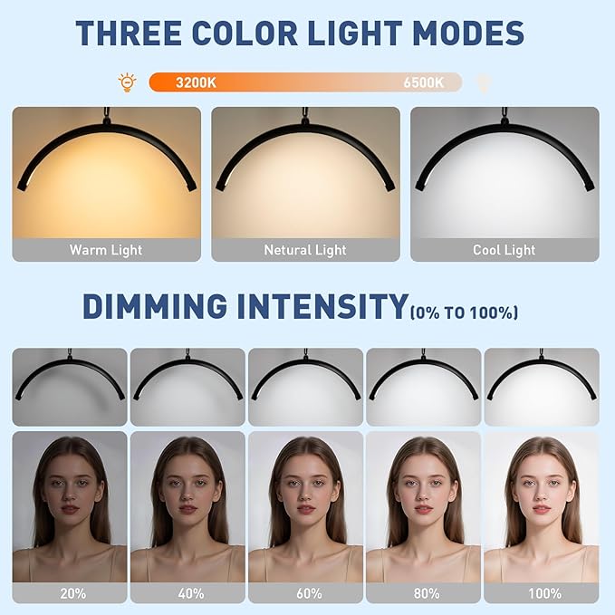 KIRKAS Lash Light Half Moon Lamp with Tool Tray, Flexible Gooseneck Lash Nail Tech for Esthetician Eyelash Extension, Tattoo, 18 Inch LED Floor Lamp with Roller Base Adjustable Brightness Color-Black