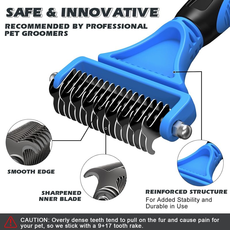 Pet Grooming Rake Set - Double-Sided Dematting Tool & Metal Comb for Cats and Dogs | Extra-Wide Deshedding Brush (Blue)
