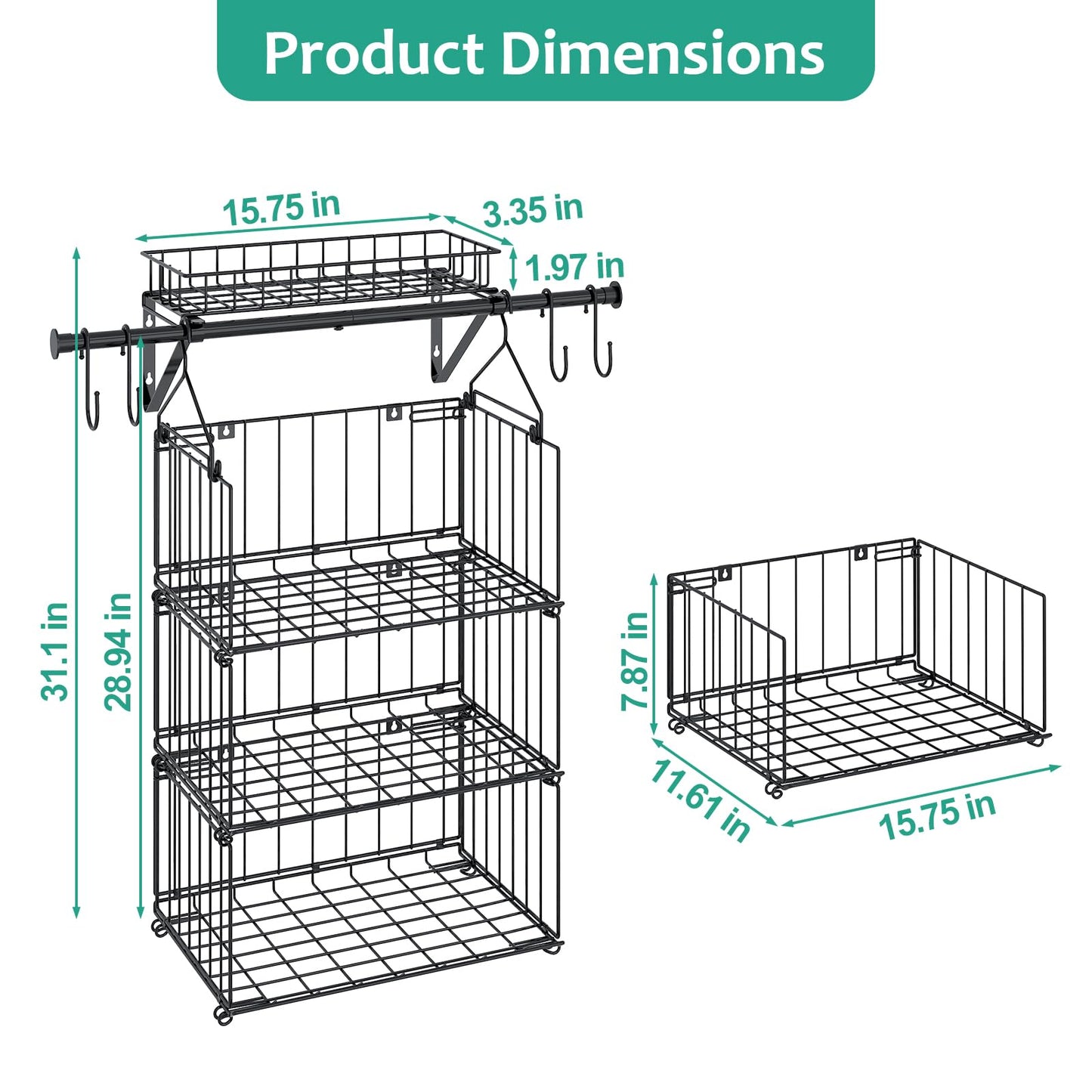 BUKFEN 3 Tier Hanging Closet Organizer, Wall Mounted Wire Storage Shelf with 4 Hooks, Foldable Stackable Organizer for Laundry Room, Bedroom, Bathroom, 1 Pack