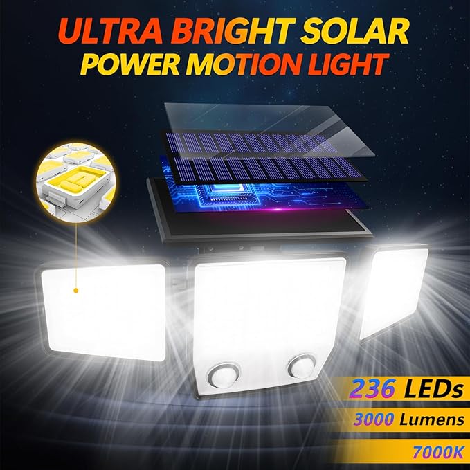 Solar Motion Sensor Outdoor Lights - 3000LM LED Outdoor Motion Lights with Dual Sensors, 3 Lighting Modes, 270° Illumination, IP65 Waterproof Security Flood Light for Yard, Garage, Patio