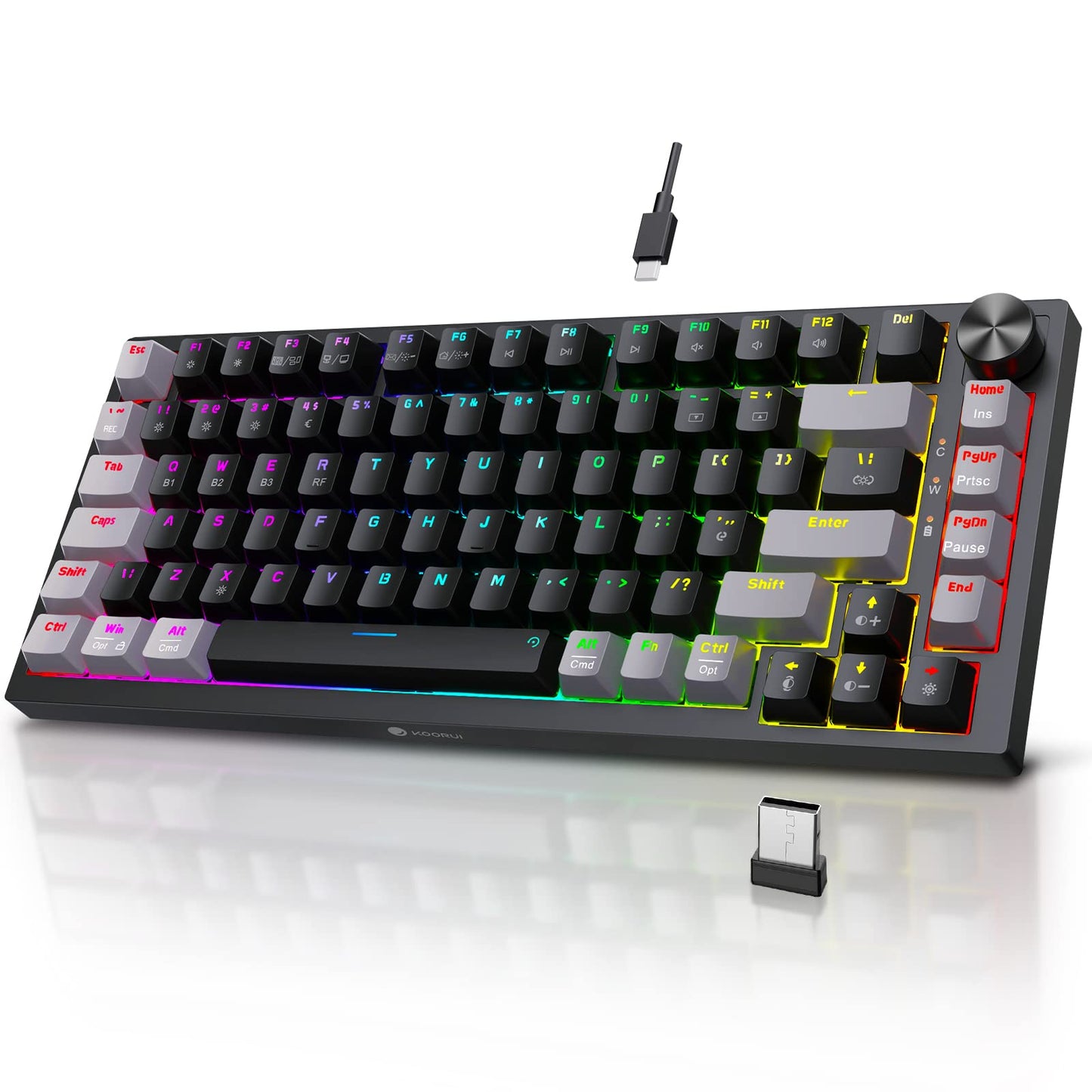 KOORUI Gaming Keyboards, 26 RGB Backlit Mechanical Keyboard Wireless/Wired Compatible Bluetooth 82 Keys Rechargeable 4000mAh Battery UK Layout Gamer Keyboards for Windows MacOS Linux (Brown Switch)