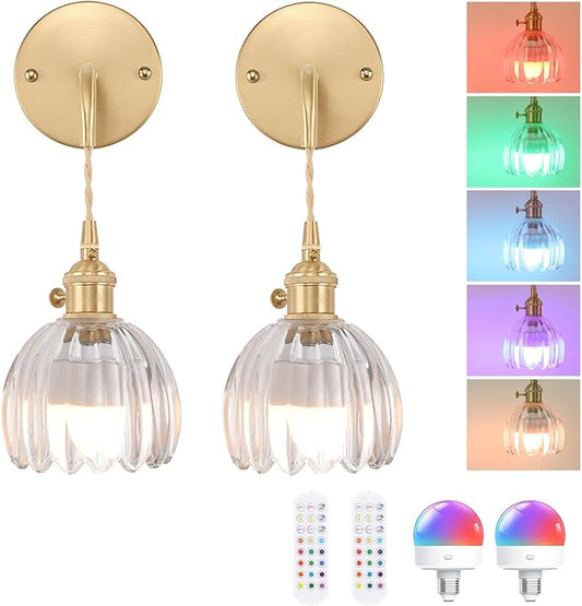 Battery Operated Wall Sconce with Clear Tulip Shade Pattern Glass Adjustable Chain Retro Gold Wall Mounted Light, Modern Wall Decor for Bedside Bedroom Indoor Doorway， Set of 2