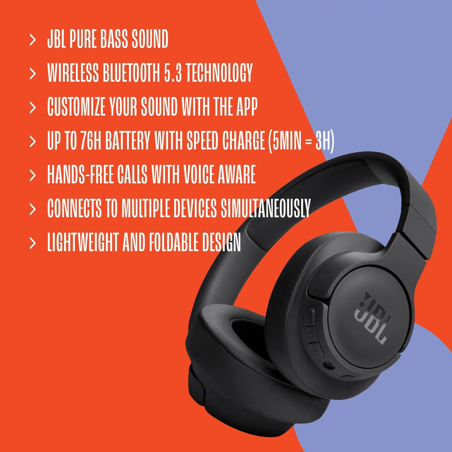 JBL Tune 720 BT Wireless Over-Ear Headphones with JBL Pure Bass Sound, Bluetooth 5.3, Hands-Free Calls, Audio Cable and 76-Hour Battery Life, Black