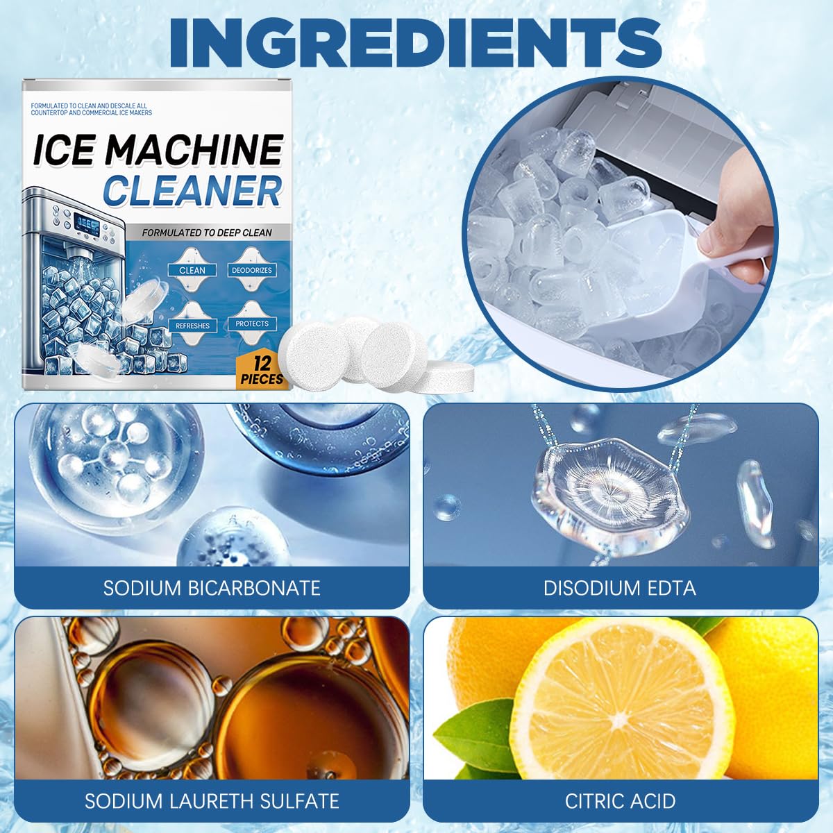 Ice Machine Cleaner Maker Descaler - 24 Clean Tablets- Bulk 1 Year Supply, Compatible with Opal,Frigidaire, Nickel Safe Scale Remover for Countertop, Nugget Ice Makers