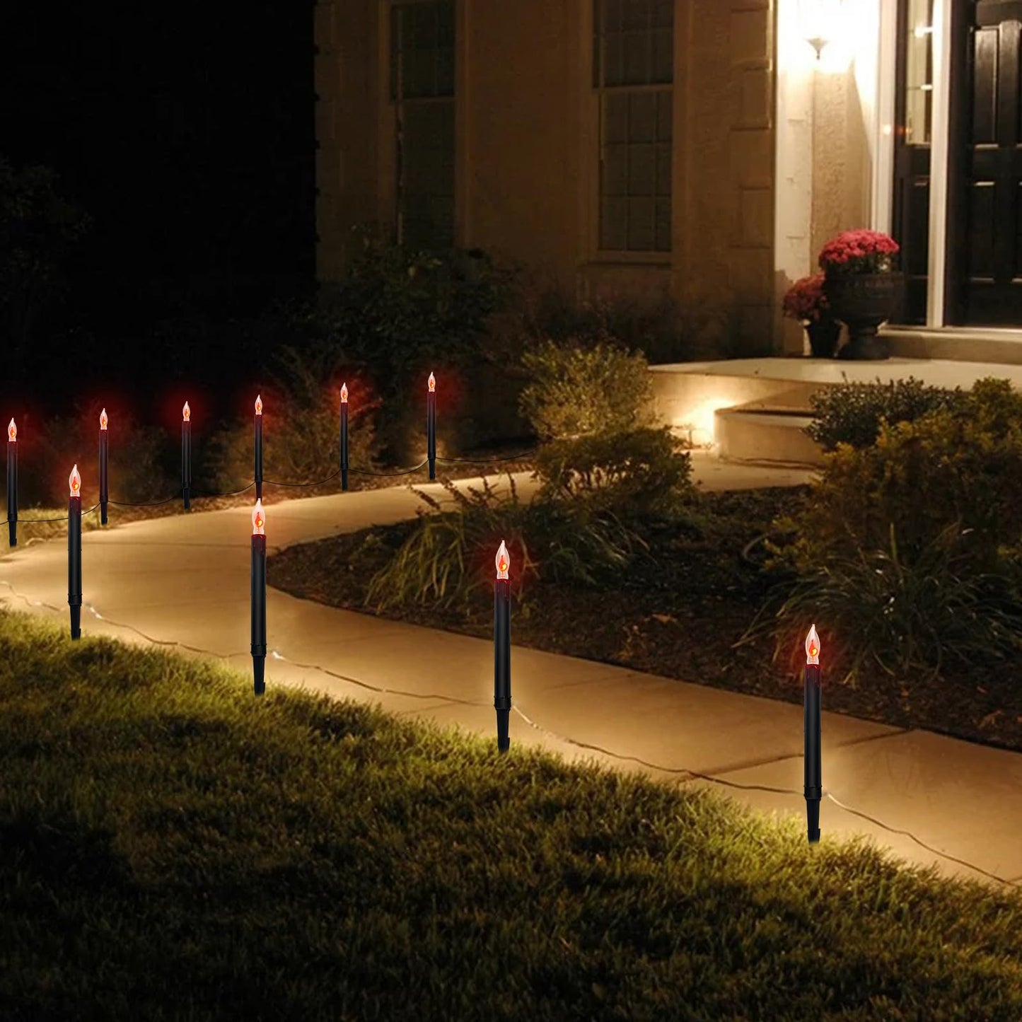 Halloween Pathway Lights Outdoor, 19.5Ft Halloween Pathway Marker String Lights with 10 C18 Flicker Flame Black Candles Stakes Lights Plug in Walkway Light for Lawn Garden Sidewalk Driveway