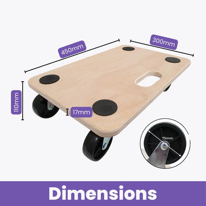 Move-It Platform Dolly With Grip Pads, Heavy-Duty Anti-Slip Transport Roller Trolley For Moving Furniture & Equipment, 180kg Load Capacity, Wooden (45 x 30cm)
