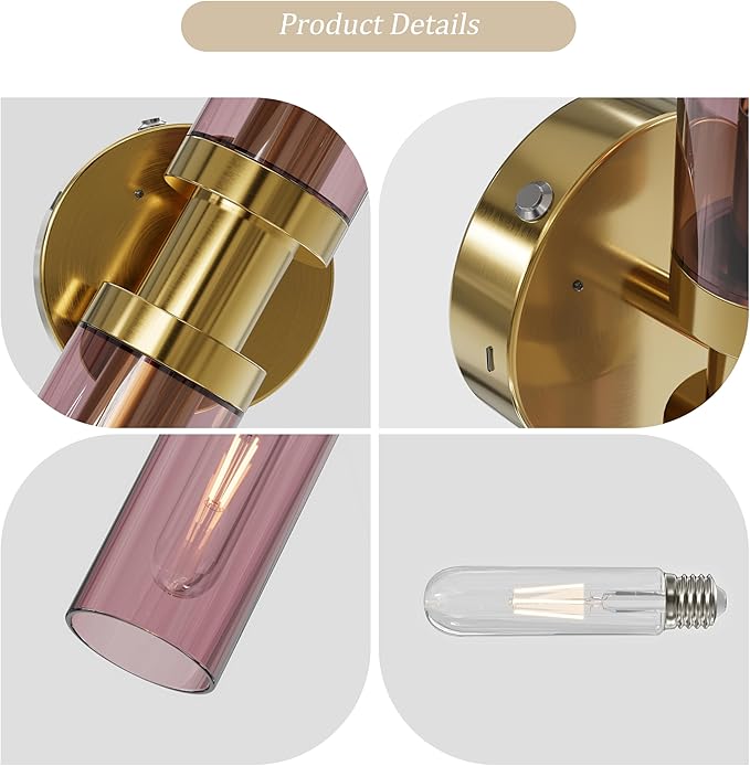 Rechargeable Battery Wall Sconce Set of Two, 8000mAh Cordless, Dimmable, Timer, Remote, Touch Control, USB-C Charging for Living Room, Bedroom Gold with Wine Red Lampshade (Include 4 Special Bulbs)