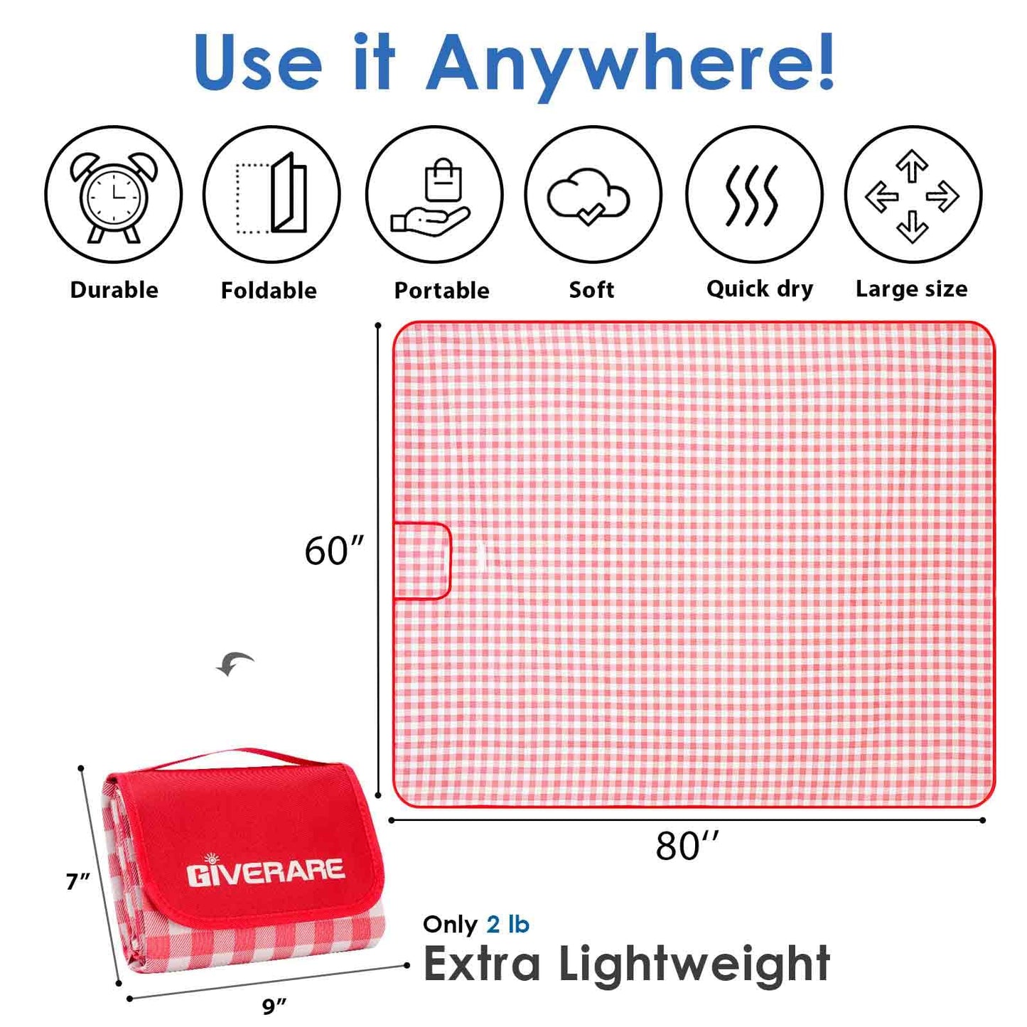 GIVERARE Picnic Beach Blanket Extra Large, XL Sandproof Waterproof Outdoor Camping Blankets 80x60in, Sand Free Oversized Mat, Quick Drying Portable Mats for Travel, Hiking, Music Festival, Lawn-Red
