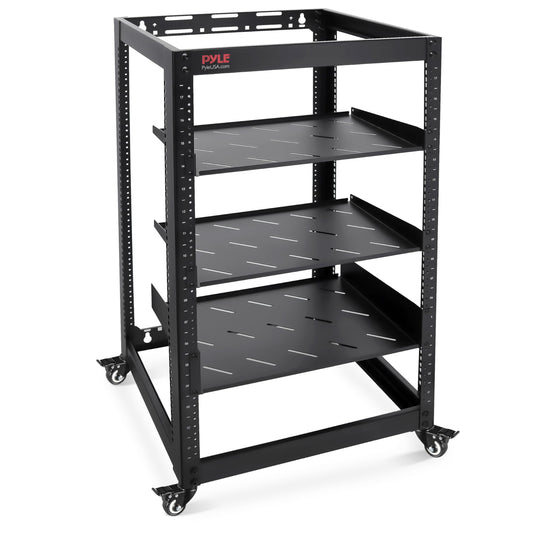 Pyle 20U Open Frame Server Rack - Wall Mount Network Rack for Servers, Networking & AV Gear - Heavy-Duty 19" Equipment, Includes 1U & 2U Vented Shelves for Airflow, Lockable Wheels - 440 lbs Capacity
