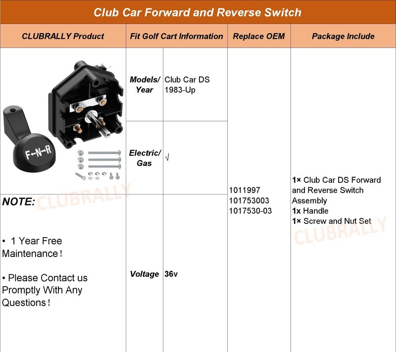 CLUBRALLY Club Car DS Golf Cart 36 Volt Forward and Reverse Switch with Handle for 1983-Up, OEM#1011997, 101753003
