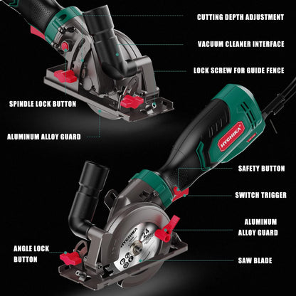 HYCHIKA 6.2A Mini Circular Saw with 3 Blades (4-1/2”), Compact Hand Saw Max 1-7/8" Cutting Depth, 3500RPM, Rubber Handle & 10ft Cord for Wood, Metal, Plastic, Tile