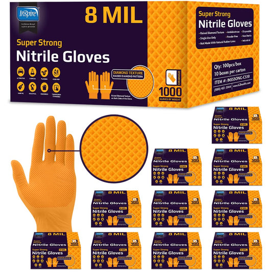 Inspire Heavy Duty Orange Nitrile Gloves | ULTRA 8 Mil Diamond Textured Grip | Industrial Mechanic Disposable Cleaning Gloves Medium, 1000 Count