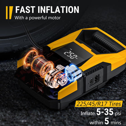 CARSUN AC/DC Tire Inflator Portable Air Compressor, Dual Power for Home 110V AC and Car 12V DC Air Pump with Pressure Gauge, Auto Shutoff, Tire Pump for Car Motorcycle Bicycle and Other Inflatables