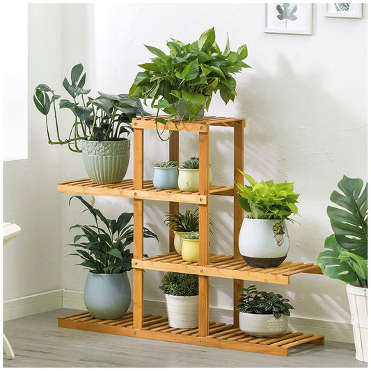 4 Tier Bamboo Plant Stand for Indoor & Outdoor, 8 Potted Wood Plant Shelf, Multiple Flower Planter Pot Holder Flower Display Rack for Patio Garden Corner Balcony Living Room