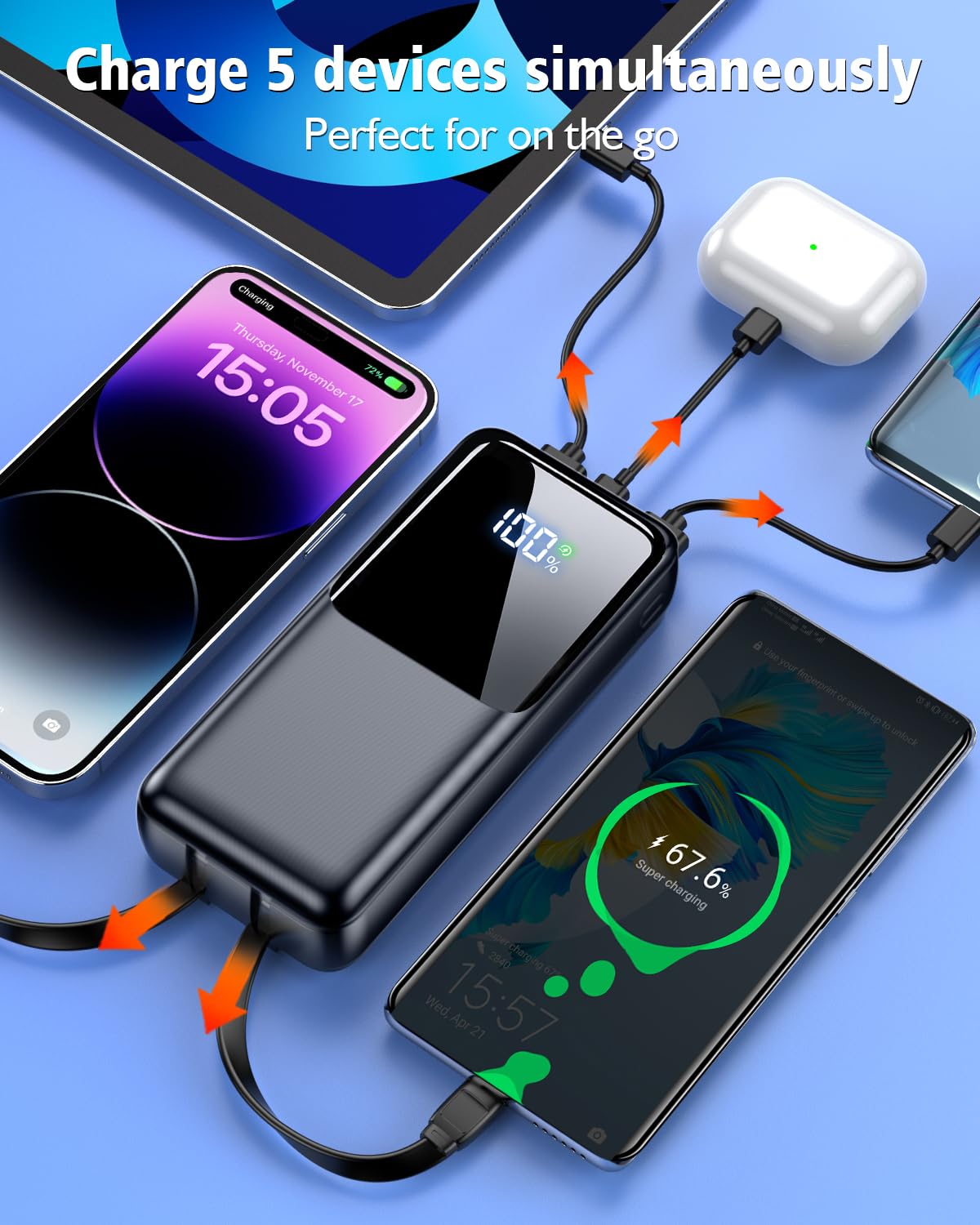 Portable Charger Power Bank - 15000mAh Fast Charging Powerbank Travel Camping Essential Battery Pack with Built in 22.5W Output Cable Compatible with iPhone 17 16 15 14 13 Samsung Google iPad, 1 Pack