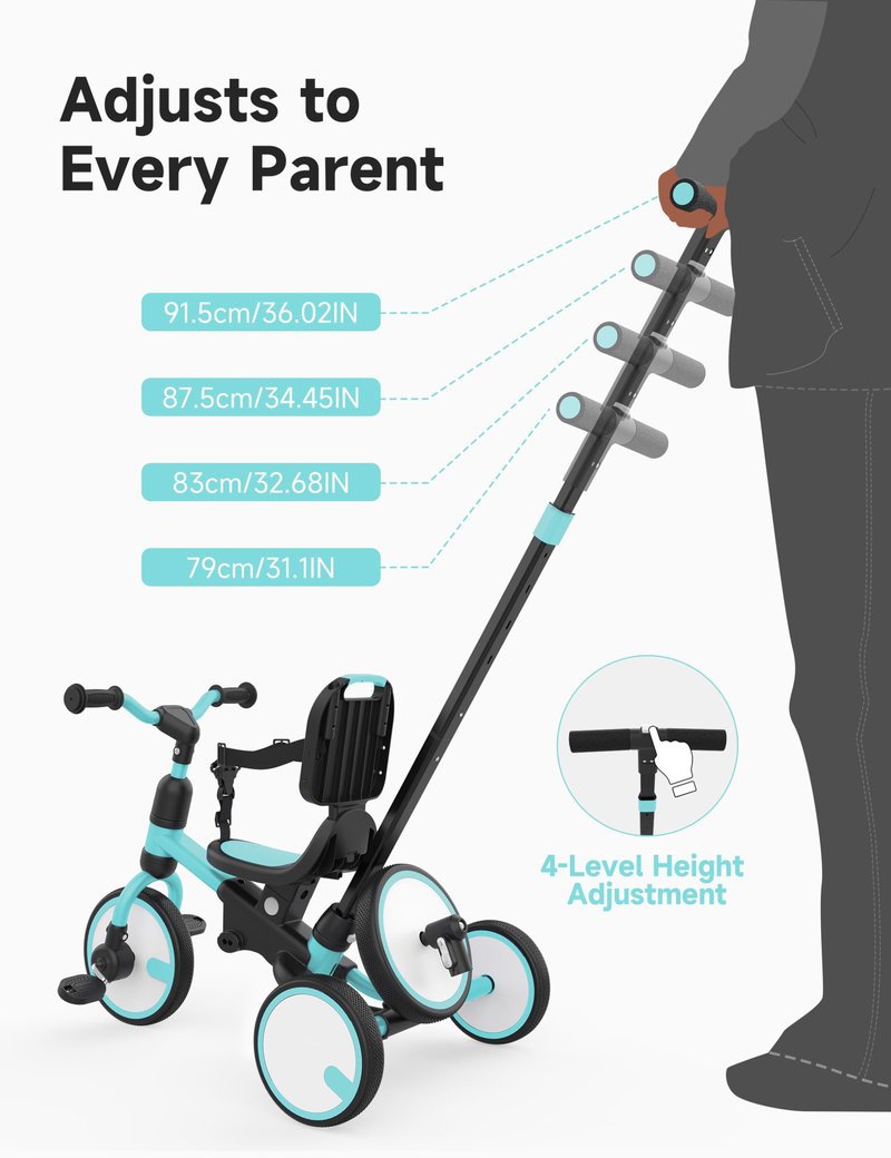 besrey 5-in-1 Toddler Tricycle with Push Handle, Grow with Me Kids Trike for 1-3 Years, Balance Bike & Tricycle, Adjustable Parent Steering, Safety Seat with Backrest