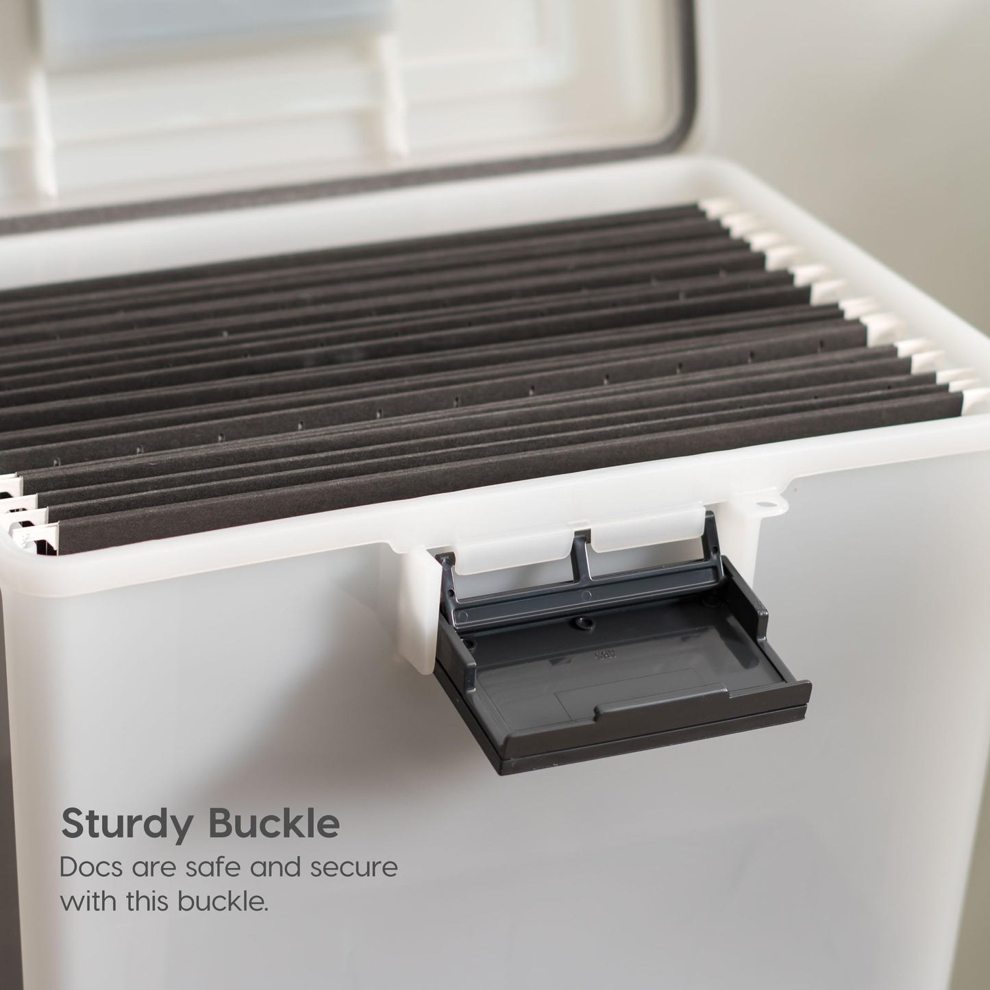 IRIS USA File Box WeatherPro Portable File Organizer Plastic File Box for Letter File w/ Organizer-Lid, Durable Lid and Seal w/ Secure Latching Buckles, Stackable and Nestable, Pearl 19 Qt. 1 Pack