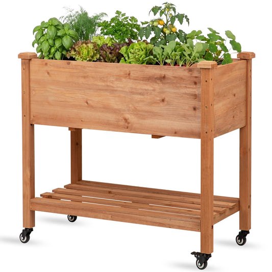 Nature Crafted Raised Garden Bed with Lockable Wheels, 32x16x32 inch Elevated Wood Planter with Storage Shelf Protective Liner for Vegetable Flower Herb Outdoor Balcony Patio Backyard, Brown