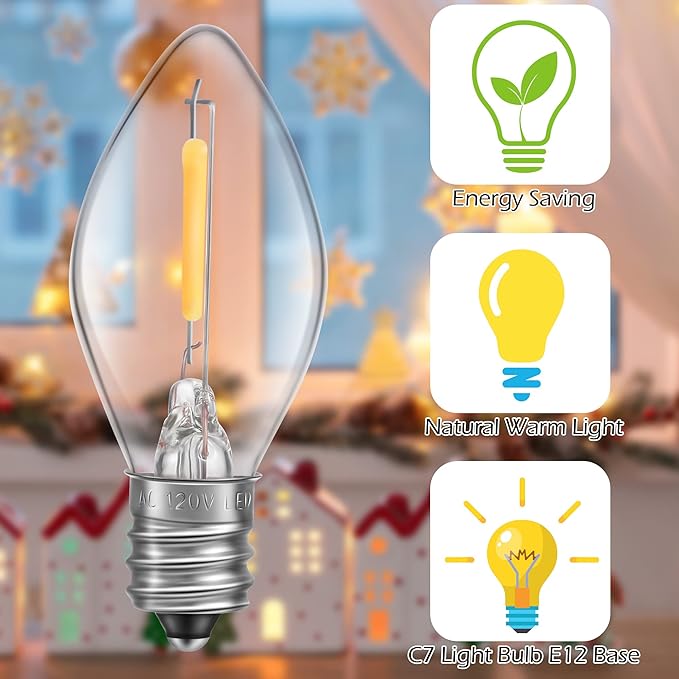 Meonum Accessory Cord with 10 LED Bulb, C7 Christmas Village Light Cord with Two Spare Fuse, Blow Mold String Lights with Switch, Xmas Decoration for Xmas Village Houses Salt Lamp