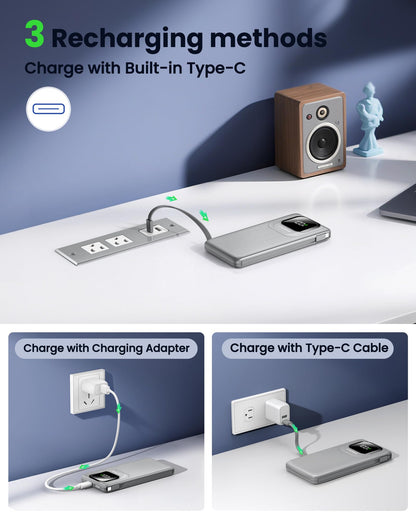 Portable Charger with Built-in Cables,22.5W Super Fast Charging Power Bank Slim Phone Charger,10000mAh Travel Battery Pack Battery Bank with Smart LED Display for iPhone, Android & USB-C Devices