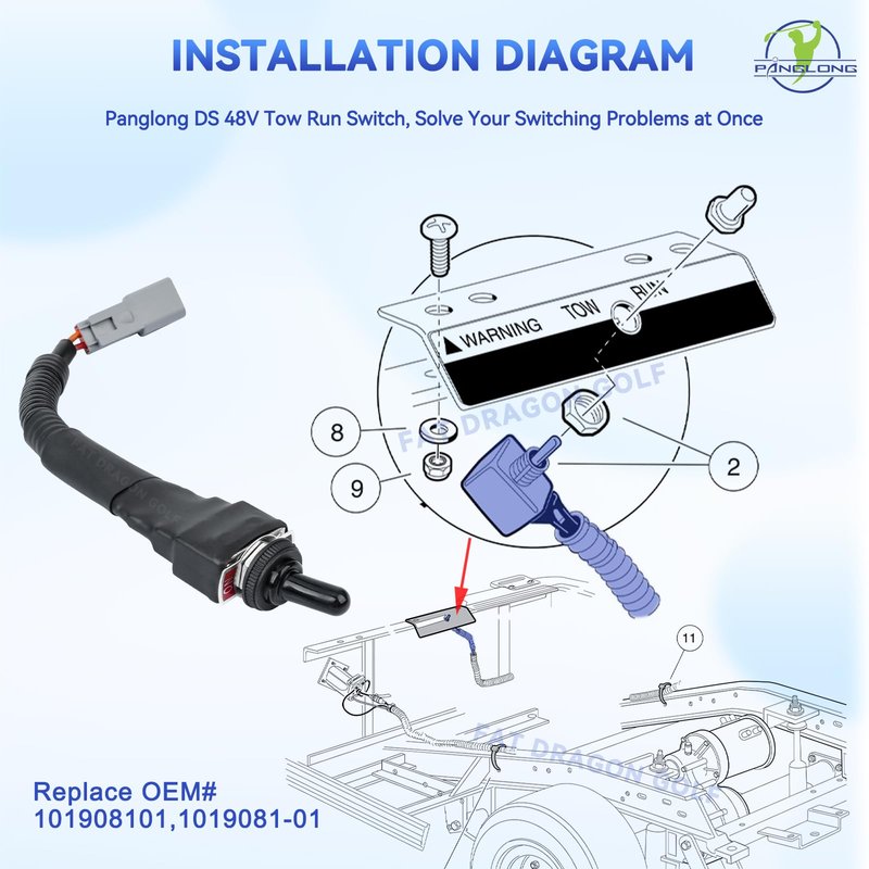 Panglong Golf Cart 48V Tow Run Switch, Include Switch and Harness, Suitable for 1995-UP 48V Club Car DS Electric Golf Cart, OEM Refer #101908101,1019081-01