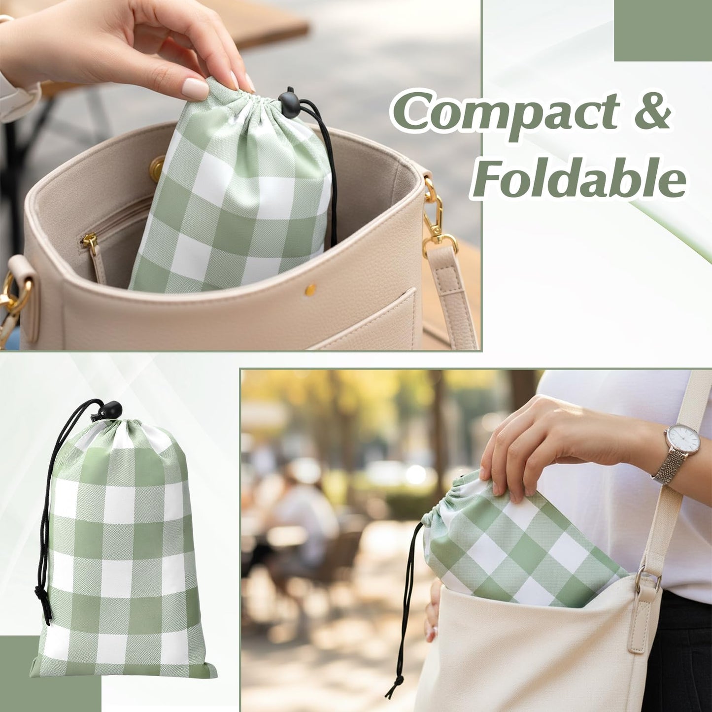 HunnmingRe Lightweight Green Gingham Pocket Picnic Blanket with Storage Bag 55 x 60inch Waterproof Cute Packable Sandproof Beach Mat Compact Washable Picnic Mat for Outdoor Hiking Camping Travel