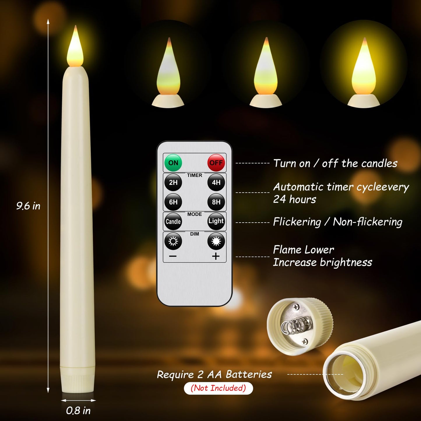 Flameless Taper Candles with Remote Control and Timer, Battery Operated LED Candlesticks with Flickering 3D Flame, 9.6×0.8 Inches Plastic Fake Candles for Christmas, Wedding and Home Decor (Ivory, 3)
