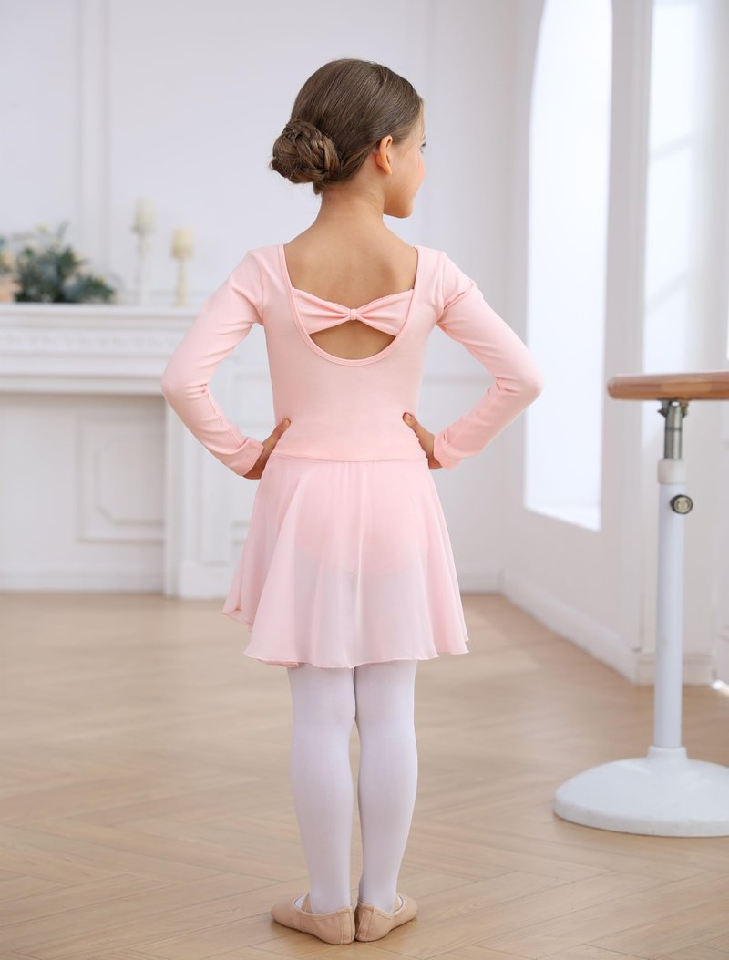 MdnMd Ballet Leotards for Girls Toddler Long Sleeve Dance Leotard Skirted Gymnastics Ballerina Outfit AM300 (Ballet Pink, 4-6 Years)