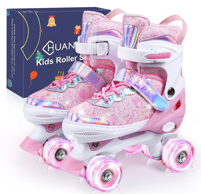 HUANOVIX 4 Sizes Adjustable Kids Roller Skates for Girls Boys Toddlers Youth Teens, 4‑Wheel Quad Skates with All Light Up Wheels, for Indoor Outdoor Sports