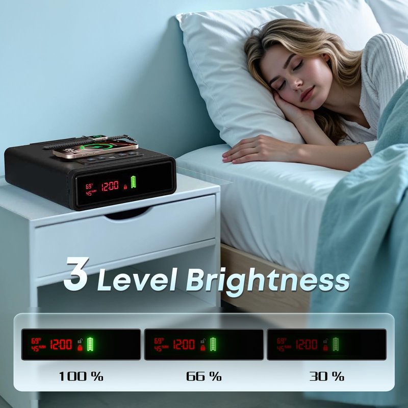Biometric Fingerprint Gun Safe with Phone & Watch Wireless Charging, 3 Quick Access, Clock Handgun Safe with Adjustable Brightness, Backlit Keypad, Pistol safe for home, office.