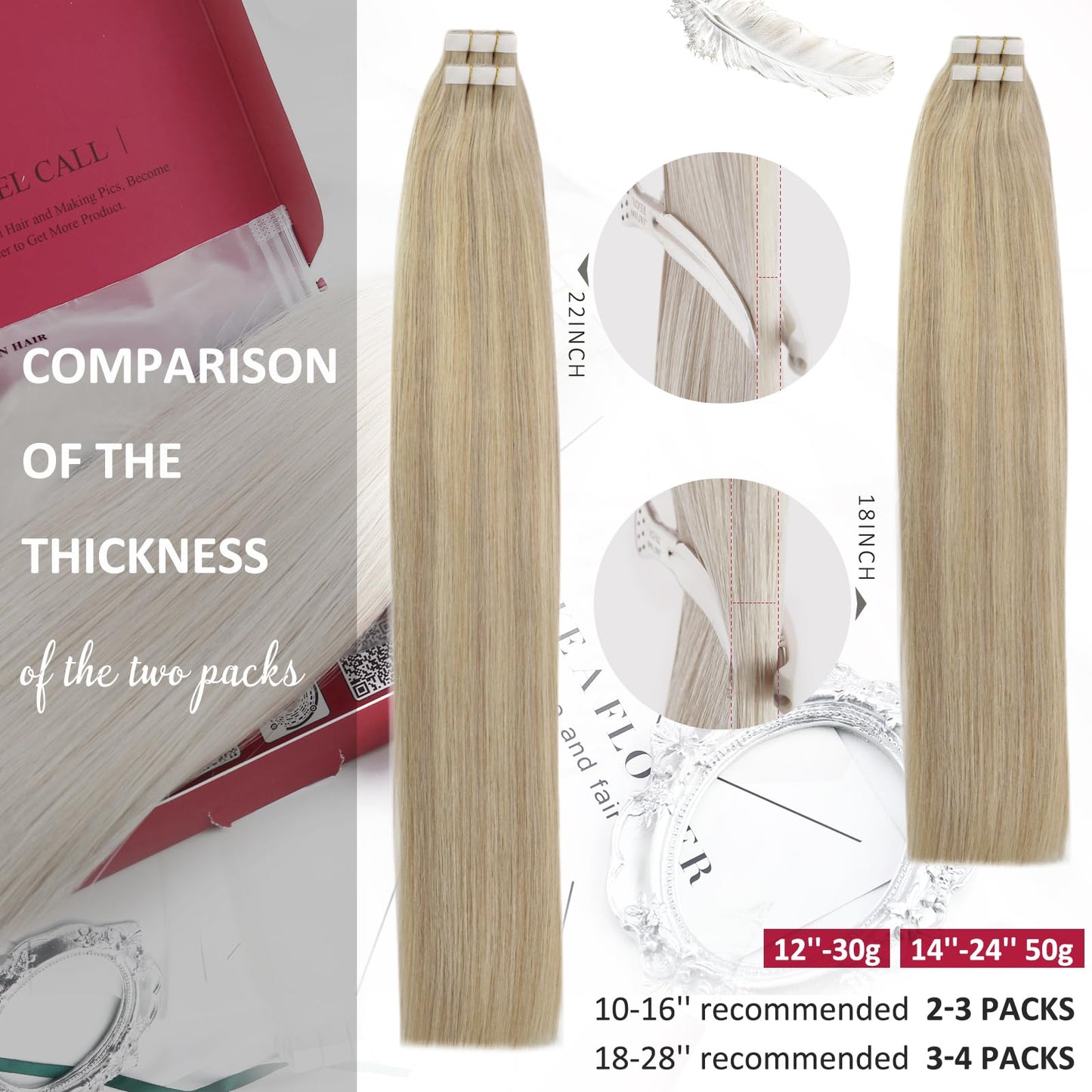 Moresoo Tape in Hair Extensions Human Hair 18 Inch Hair Extensions Tape Real Hair Ash Blonde with Platinum Blonde Tape in Extensions Remy Human Hair #P18/613 20 Pieces/50g