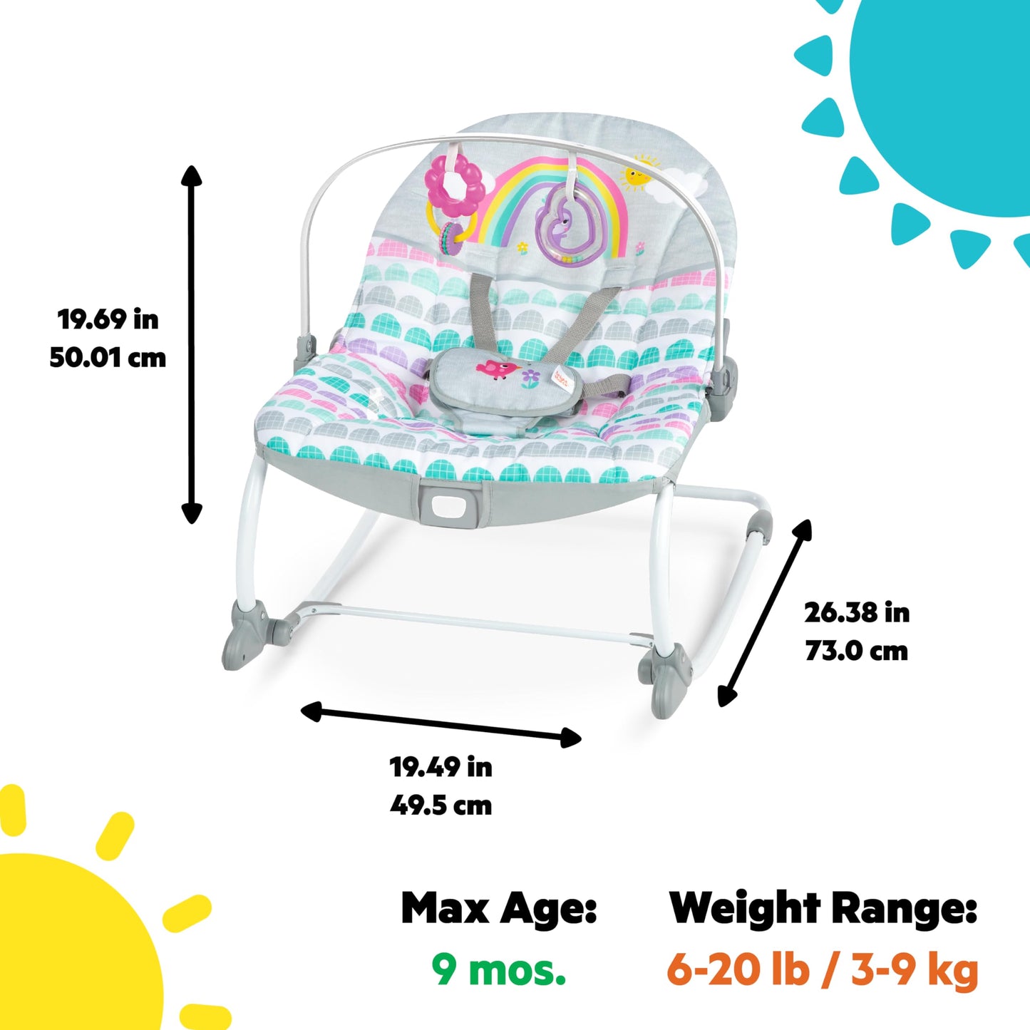 Bright Starts Rosy Rainbow Infant to Toddler Rocker with Vibrations, Baby Seat for Girl or Boy, Newborn +