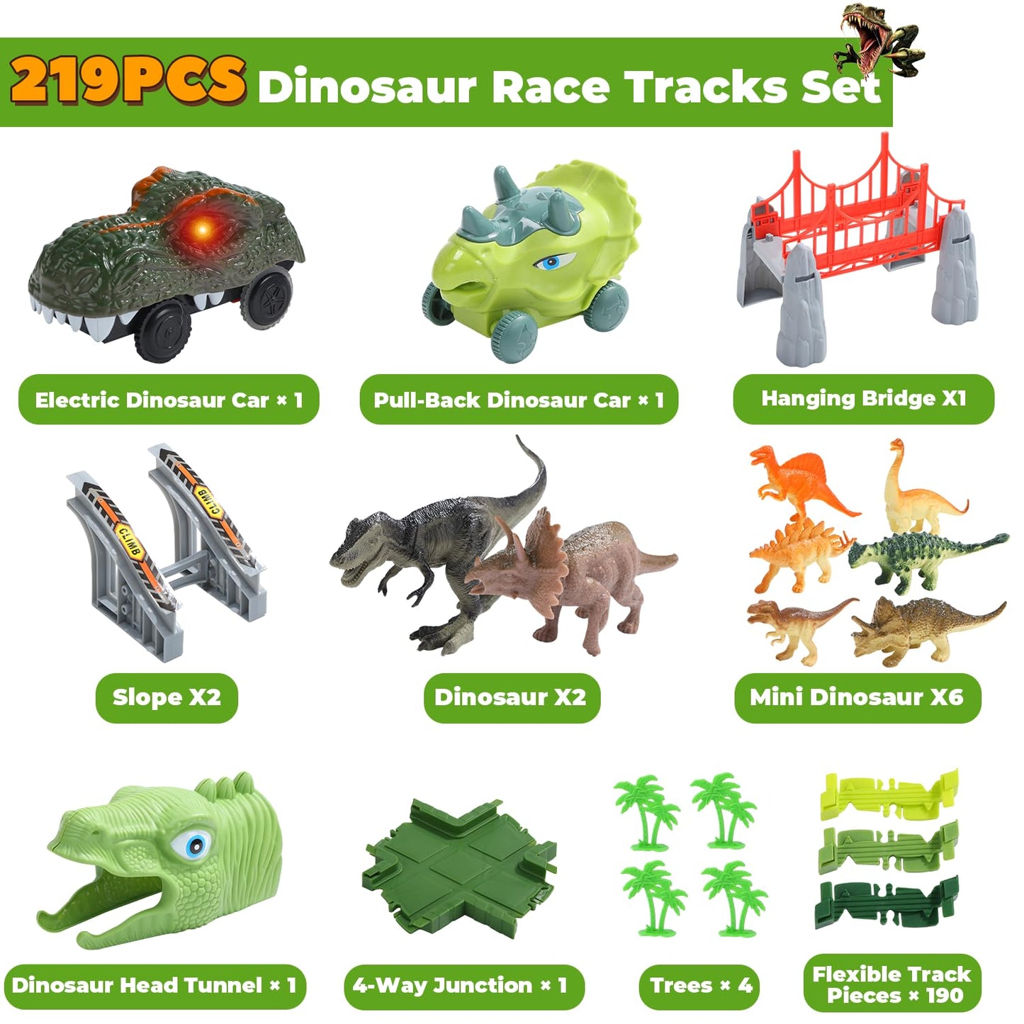 EagleStone Dinosaur Track Set for Kids – 225 PCS Flexible Race Tracks,1 Electric Dino Cars with Light, 8 Dino Figures, Dinosaur Head Tunnel,Christmas Birthday Gift for 3-8 Year Old Boys and Girls