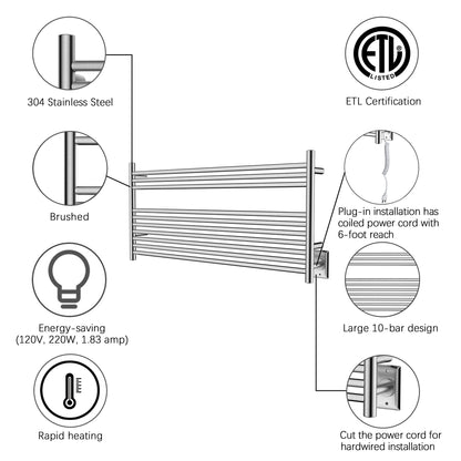 HEATGENE Towel Warmer Wall-Mounted Hardwired Heated Towel Rack Hot Towel Bar Brushed