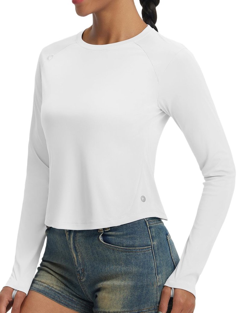 baleaf Women's UPF 50+ Long Sleeve Sun Shirts Crop Rash Guard UV Workout Tops SPF Slim Fit Lightweight Athletic Hiking White XS