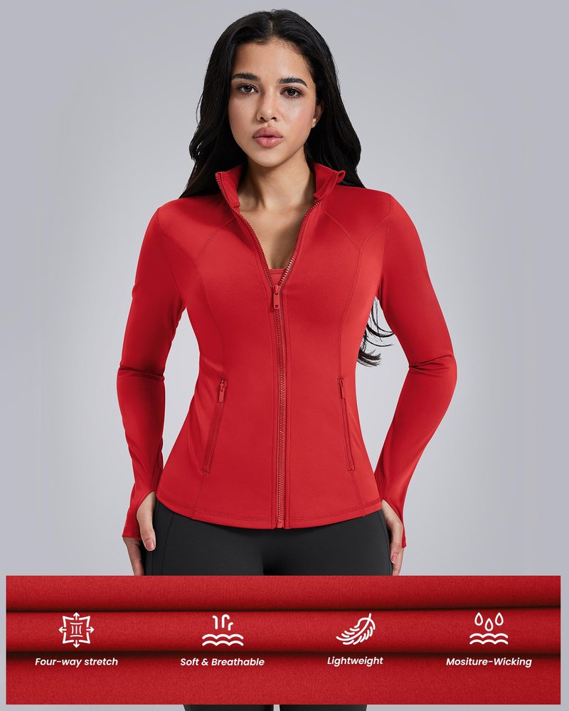 AVGO Womens Workout Jackets Lightweight Athletic Zip Up Jacket Slim Fit Running Gym Top with Pockets & Thumb Holes(Red, XS)