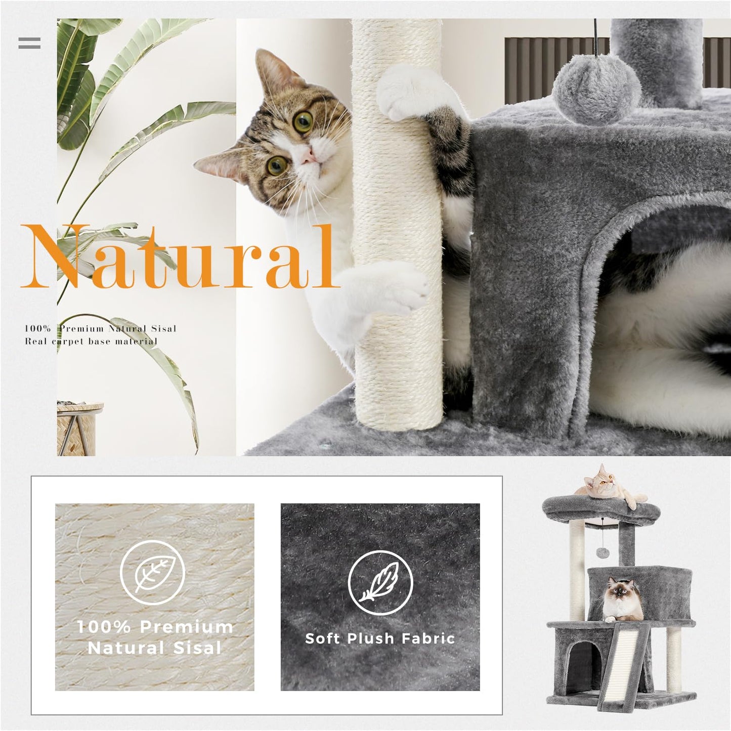 PETEPELA Cat Tree 90cm Cat Tower with Double Condos, Removable Spacious Perch, Fully Wrapped Scratching Posts for Indoor Cats, Replaceable Dangling Balls, 35 Inches Grey