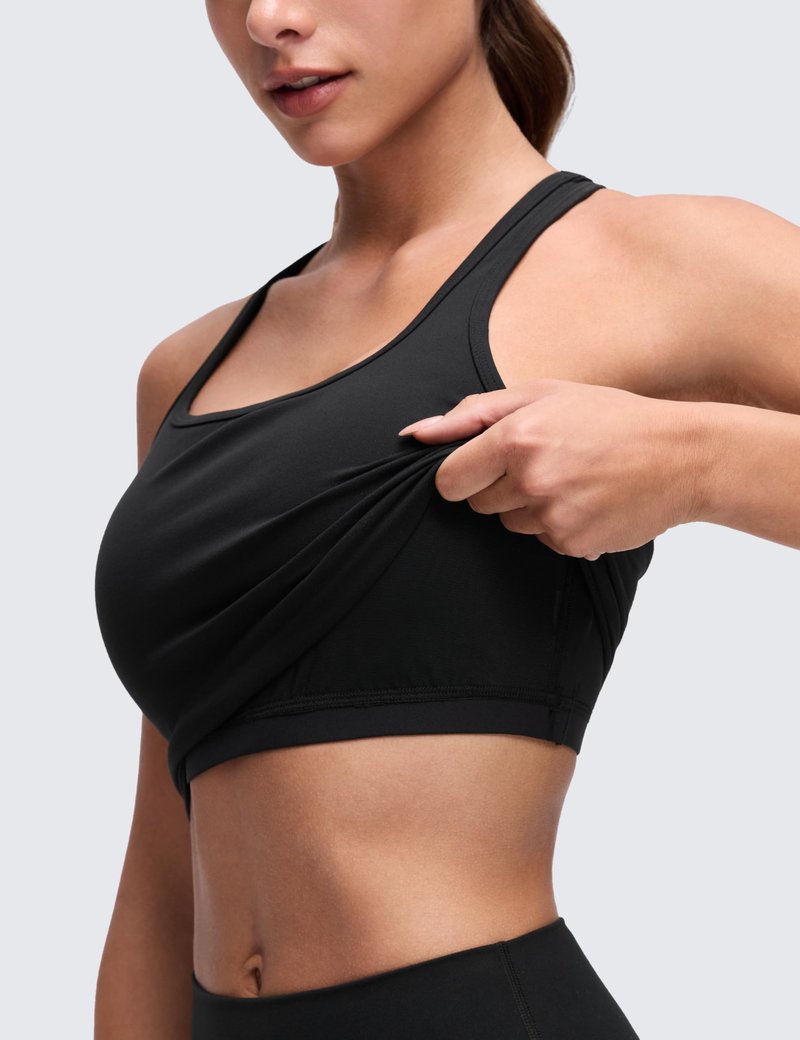 CRZ YOGA Butterluxe Racerback Crop Tank Tops for Women - Padded Y-Back Longline Sports Bras Scoop Neck Workout Yoga Black Medium
