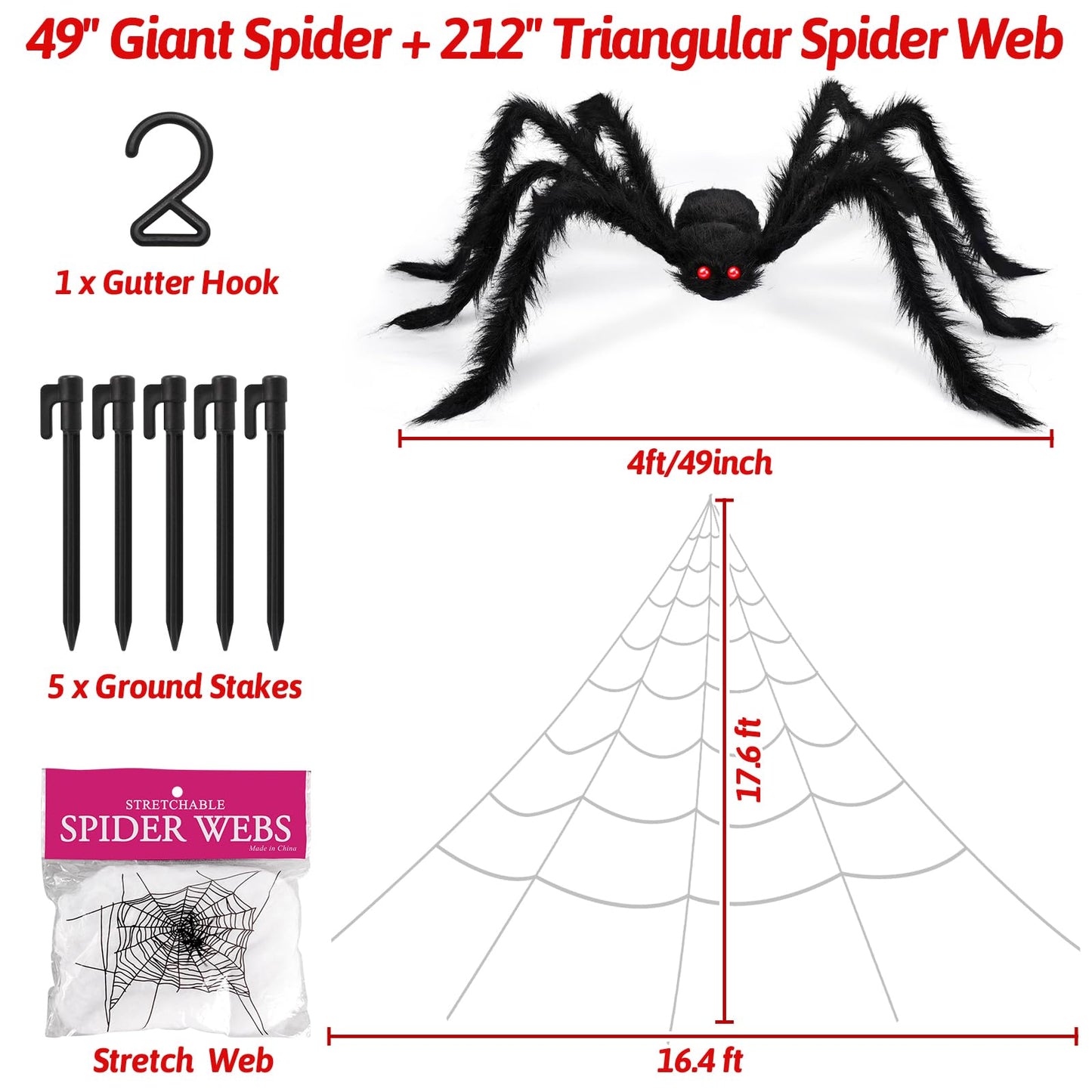 EZIGO 212'' Triangular Huge Halloween Spider Web 49" Giant Fake Spider for Outdoor Halloween Decorations with Stretch Cobweb, halloween Party Supplies for Indoor Home Yard Haunted House Décor