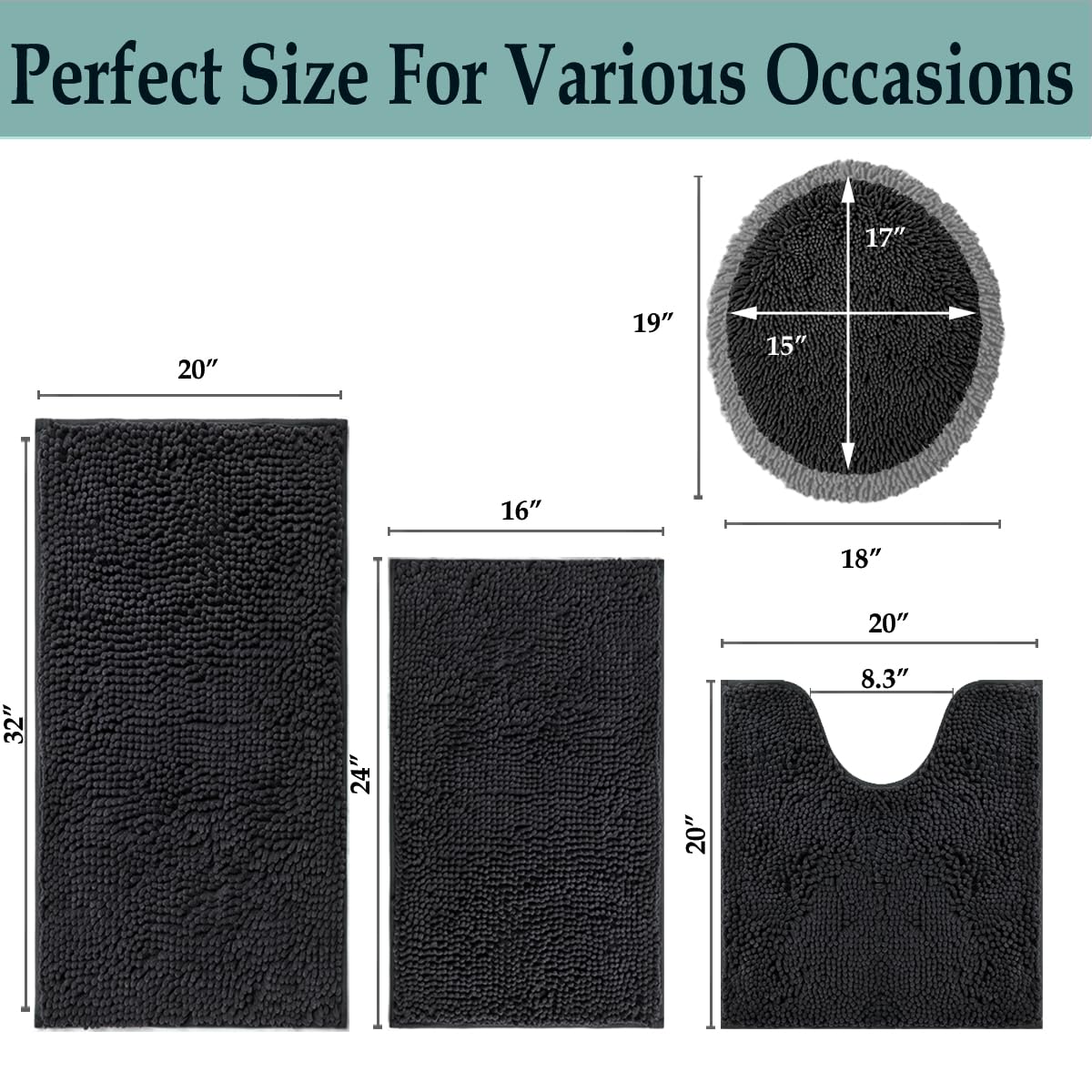 Bathroom Rugs Sets 4 Piece, Extra Soft Absorbent Chenille Bath Rugs, Non Slip Rubber Backing Machine Washable Quick Dry Bath Mats for Bathroom Floor, Tub, Shower, Home Decor Accessories, Black