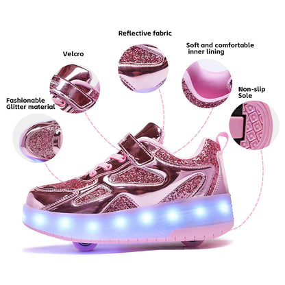 HOVERKICKES LED Roller Skate Shoes for Kids Boys Girls Light Up Roller Sneakers with Detachable Wheels Rechargeable Flashing Wheeled Shoes