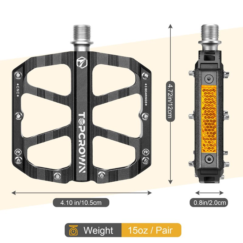 Topcrown Mountain Bike Pedals with Reflectors, Aluminum Metal Bicycle Flat Pedals 9/16" - 3 Sealed Bearings, Non-Slip Wide Platform with Removable Pins for MTB, Road Bike, BMX, Ebike (Black)
