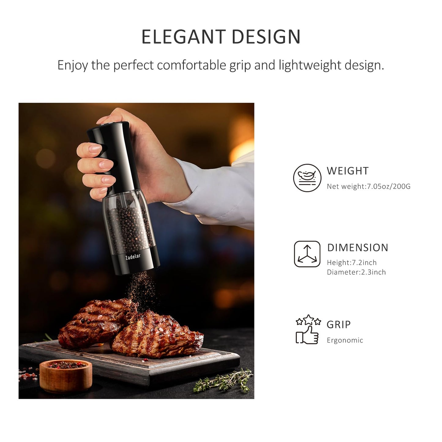 Electric Salt and Pepper Grinder Set with LED Power Display,Larger Capacity Salt and Pepper Shakers Set Rechargeable Electric with Flexible Coarsenes,LED Light,One Hand Operation for Kitchen