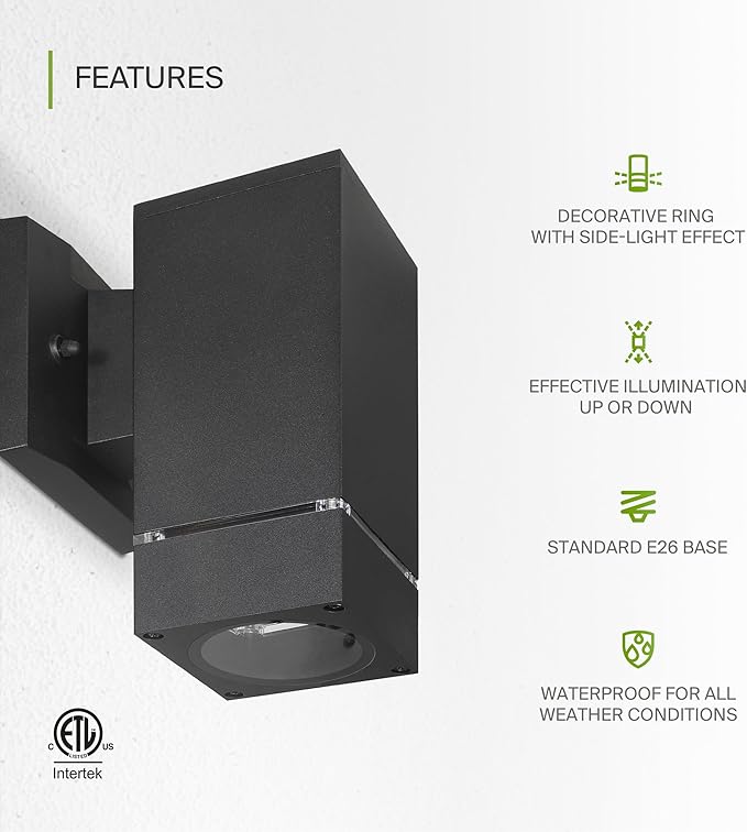 ASD 1 Light Square Outdoor Wall Light Fixture | 60W E26 Bulb Socket 120V ETL Cylinder Up Down Lights | LED/CFL/Incandescent Bulb Exterior Wall Sconce | Front Door, Porch Patio | Ringed Black