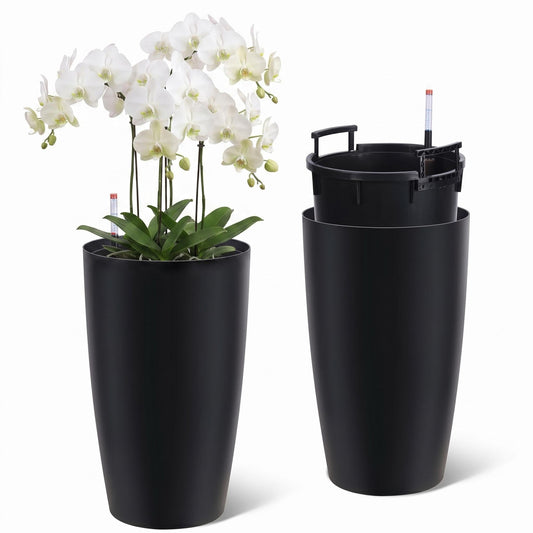 ActiveTrail 22 in Tall Planters Set of 2, Large Black Planters for Indoor & Outdoor Plants, Self Watering Pots with Water Level Monitor and Inner Bucket for Porch, Patio, Backyard
